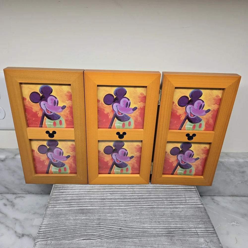 Disney Parks Mickey Mouse Ears Hinged 6 Picture Wood Trifold Photo Frame 8.75x14